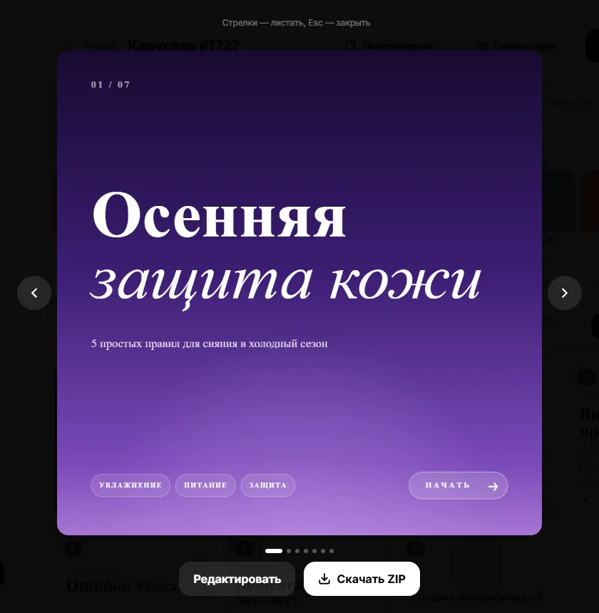 Просмотр слайда в полном размере с кнопками «Редактировать» и «Скачать ZIP»